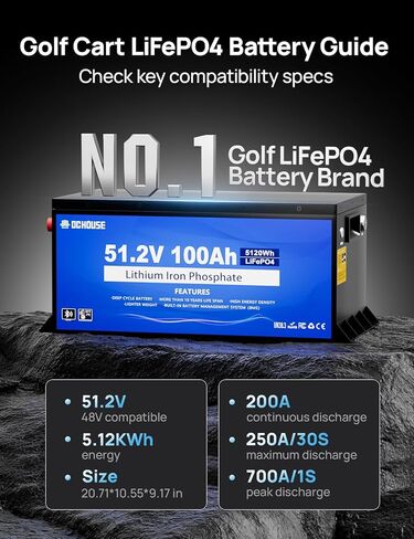 حافظة معدنية من DC HOUSE بقدرة 48 فولت 100 أمبير في الساعة، بطارية ليثيوم لعربة الجولف، بطارية 200 أمبير BMS Lifepo4 مع شاحن 48 فولت 18 أمبير، تطبيق بلوتوث للهاتف المحمول وشاشة LCD، تيار الذروة 700 أمبير in Kuwait
