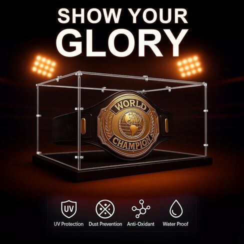 Championship Belt Display Case, 24"x16"x16" Large Acrylic Box with 4mm Ultra-Thick Clear Panel,Includes Belt Stand for Wrestling or Boxing Titles in Saudi Arabia