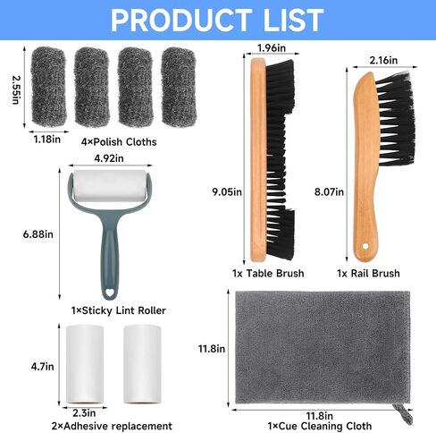 CONLI 19 Pcs Pool Table Cleaning Kit- Complete Billiard Accessories Set with Pool Table Brush for Felt, Rail Brush, Cue Shine Polisher, Chalk, Tip, Duster, Broom Storage Bag for Professional Home Care in Kuwait