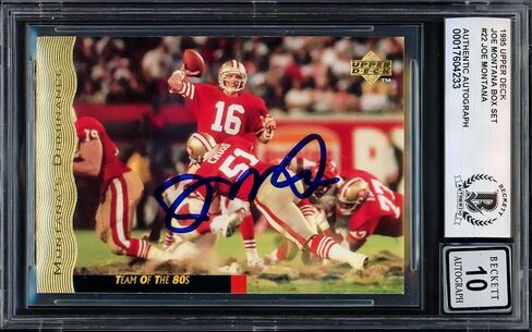 Joe Montana Autographed 1995 U.p.p.e.r D.e.c.k Football Card #22 Auto Grade Gem Mint 10 Beckett BAS Stock #238919 in Saudi Arabia
