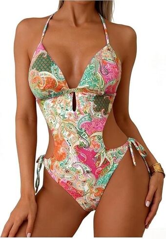 بدلة سباحة نسائية من قطعة واحدة برقبة رسن من SHENHE ذات فتحة عميقة على شكل حرف V وظهر منخفض مونوكيني in Kuwait