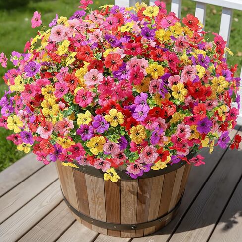 24 حزم الزهور الاصطناعية للديكور في الهواء الطلق ، البنفسجي الحريري المقاوم للأشعة فوق البنفسجية مع عشب الأوراق والنباتات الربيع الأوكالبتوس لزخارف خارج الفناء الداخلي ديكور شرفة الفناء ، مزيج 5 ألوان in Kuwait