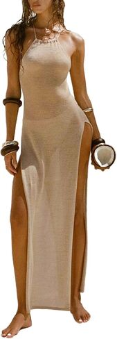 Lmdudan Women's Swimwear Cover Ups Crochet Knitted Backless High Slit Beach Maxi Dress Coverups 2026 Beach Vacation Sundress in Saudi Arabia