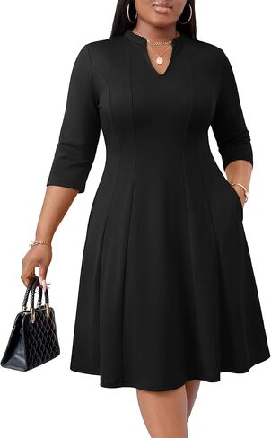 Runwind Plus Size Dresses for Curvy Women V-Neck 3/4 Sleeve Church Wedding Guest Cocktail Party Summer Midi Dress in Kuwait