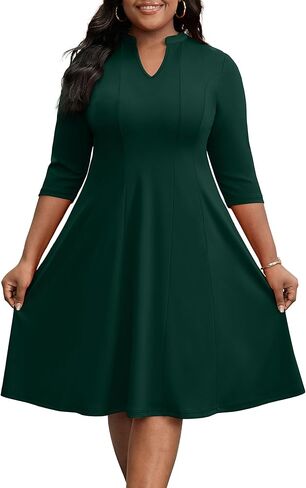 Runwind Plus Size Dresses for Curvy Women V-Neck 3/4 Sleeve Church Wedding Guest Cocktail Party Summer Midi Dress in Saudi Arabia