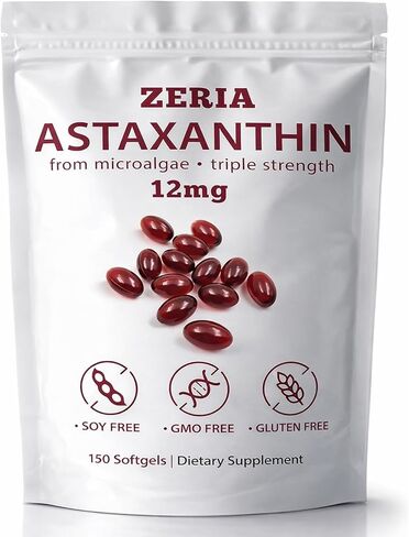 ZERIA Astaxanthin 12mg, Natural Microalgae Antioxidant for Eye, Skin & Immune Support - 150 Softgels in Saudi Arabia