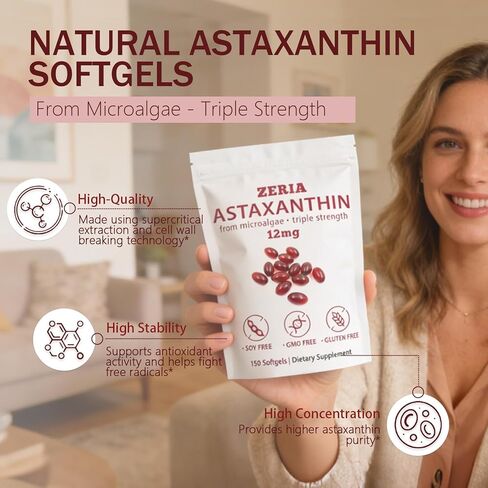 ZERIA Astaxanthin 12mg, Natural Microalgae Antioxidant for Eye, Skin & Immune Support - 150 Softgels in Saudi Arabia