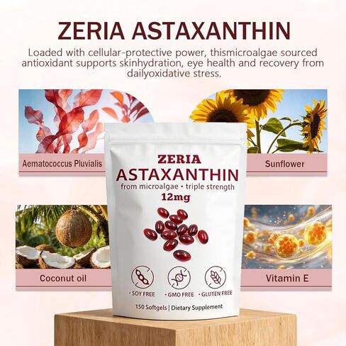 ZERIA Astaxanthin 12mg, Natural Microalgae Antioxidant for Eye, Skin & Immune Support - 150 Softgels in Saudi Arabia