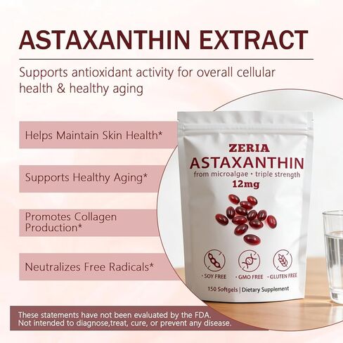 ZERIA Astaxanthin 12mg, Natural Microalgae Antioxidant for Eye, Skin & Immune Support - 150 Softgels in Saudi Arabia