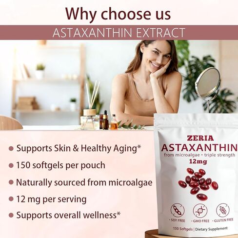 ZERIA Astaxanthin 12mg, Natural Microalgae Antioxidant for Eye, Skin & Immune Support - 150 Softgels in Saudi Arabia