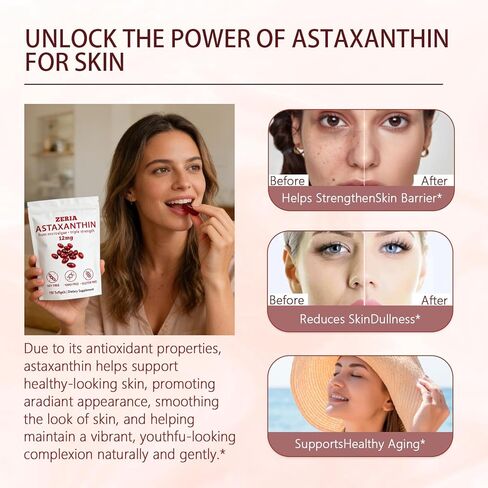 ZERIA Astaxanthin 12mg, Natural Microalgae Antioxidant for Eye, Skin & Immune Support - 150 Softgels in Saudi Arabia