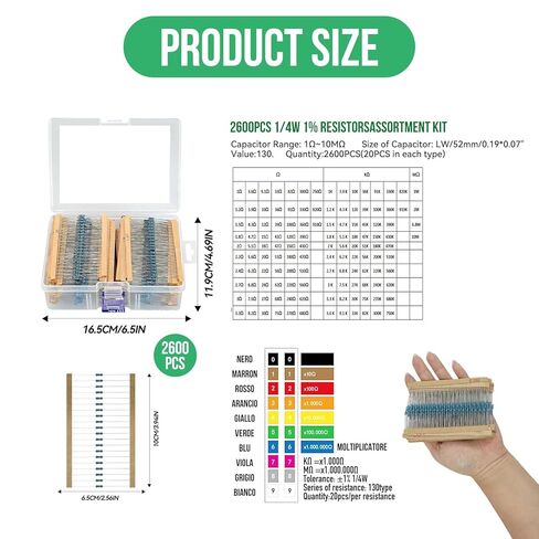 2600 Pcs 1/4W Resistors Assortment Kit, Through-Hole Axial Leads 0.25W 1 Ω-10M Ω 130 Values (20 Pcs Each) Resistor Kit for Breadboard, DIY Electronics, Circuits, Electrical Experiments Project in Saudi Arabia