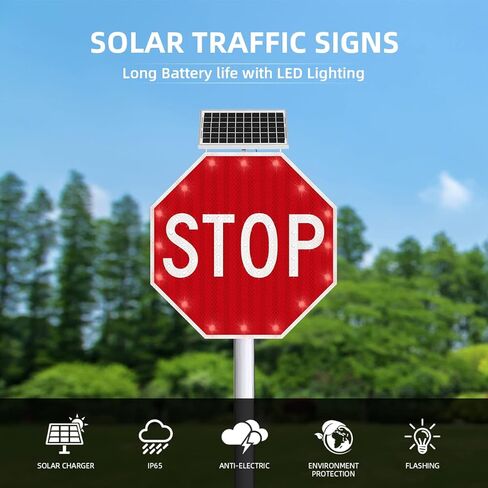 Stop Sign 24 x 24, Aresign Solar Powered LED Flashing Stop Sign, Aluminum Octagon Road Signs Traffic LED Blinking Street Warning Sign - Heavy Duty, Rust-proof Metal Frame, Engineer Grade Reflective Film in Saudi Arabia