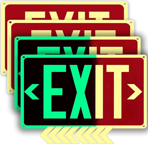 4Pack Photoluminescent Exit Sign Red, 14"x 10" Aluminum Glow In The Dark Exit Signs with Strong Adhesive Backing and 8pcs Removable Directional Arrows Glow In The Dark,Easy to install in Kuwait