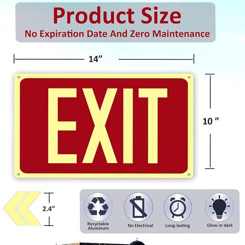 4Pack Photoluminescent Exit Sign Red, 14"x 10" Aluminum Glow In The Dark Exit Signs with Strong Adhesive Backing and 8pcs Removable Directional Arrows Glow In The Dark,Easy to install in Kuwait