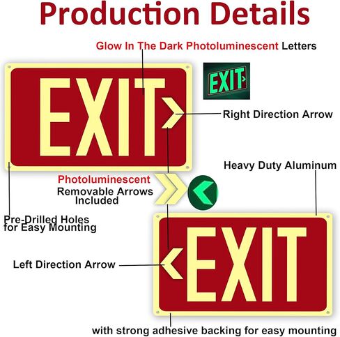 4Pack Photoluminescent Exit Sign Red, 14"x 10" Aluminum Glow In The Dark Exit Signs with Strong Adhesive Backing and 8pcs Removable Directional Arrows Glow In The Dark,Easy to install in Kuwait