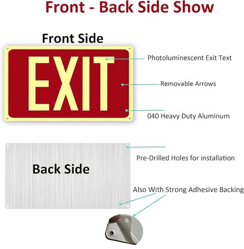 4Pack Photoluminescent Exit Sign Red, 14"x 10" Aluminum Glow In The Dark Exit Signs with Strong Adhesive Backing and 8pcs Removable Directional Arrows Glow In The Dark,Easy to install in Kuwait