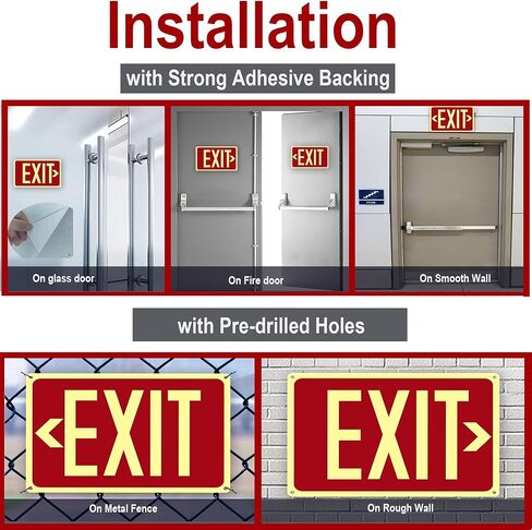 4Pack Photoluminescent Exit Sign Red, 14"x 10" Aluminum Glow In The Dark Exit Signs with Strong Adhesive Backing and 8pcs Removable Directional Arrows Glow In The Dark,Easy to install in Kuwait