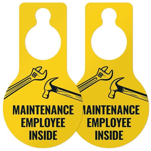 Maintenance Employee Inside Graphic Hanging Door Tag, (2 Pack) 9x5 Inches, Thick HDPS (high Density polystyrene), Made in USA by Sigo Signs in Saudi Arabia