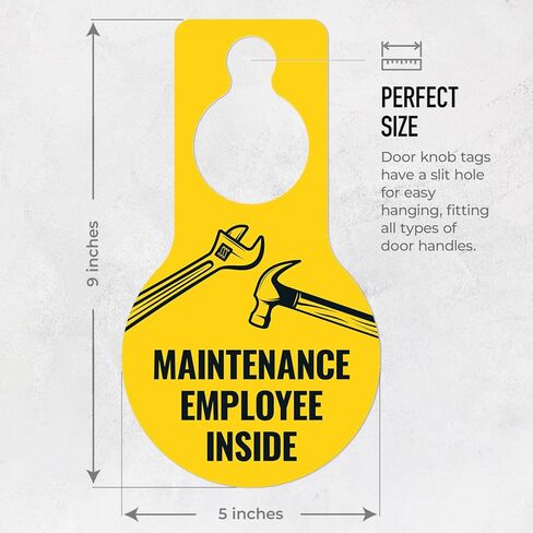 Maintenance Employee Inside Graphic Hanging Door Tag, (2 Pack) 9x5 Inches, Thick HDPS (high Density polystyrene), Made in USA by Sigo Signs in Saudi Arabia