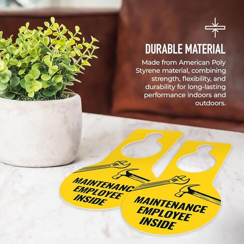 Maintenance Employee Inside Graphic Hanging Door Tag, (2 Pack) 9x5 Inches, Thick HDPS (high Density polystyrene), Made in USA by Sigo Signs in Saudi Arabia