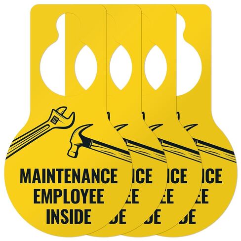 Maintenance Employee Inside Graphic Hanging Door Tag, (2 Pack) 9x5 Inches, Thick HDPS (high Density polystyrene), Made in USA by Sigo Signs in Saudi Arabia