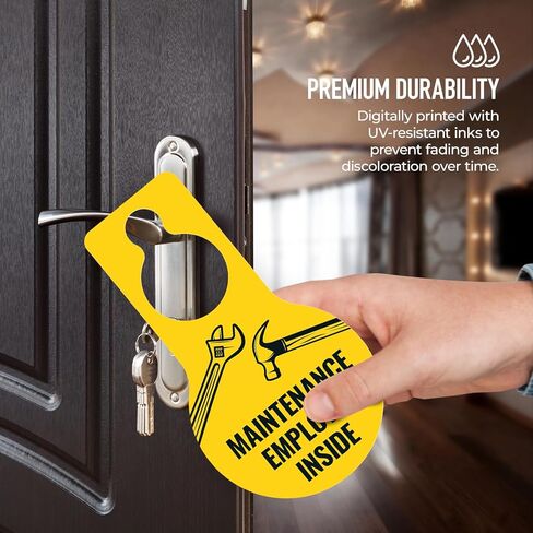 Maintenance Employee Inside Graphic Hanging Door Tag, (2 Pack) 9x5 Inches, Thick HDPS (high Density polystyrene), Made in USA by Sigo Signs in Saudi Arabia