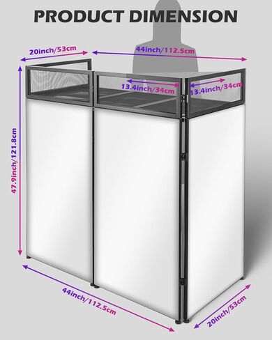 محطة طاولة واجهة DJ المحمولة STRICH، كشك DJ قابل للطي مع سكريم أبيض وأسود، حامل عرض بإطار معدني مقاس 44 بوصة × 20 بوصة مع رف مثلث قابل للإزالة، وفتحة كابل وحقيبة حمل للعرض، والحفلات، والاستوديو in Kuwait