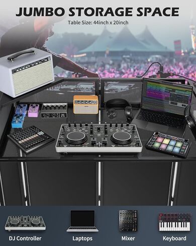 محطة طاولة واجهة DJ المحمولة STRICH، كشك DJ قابل للطي مع سكريم أبيض وأسود، حامل عرض بإطار معدني مقاس 44 بوصة × 20 بوصة مع رف مثلث قابل للإزالة، وفتحة كابل وحقيبة حمل للعرض، والحفلات، والاستوديو in Kuwait