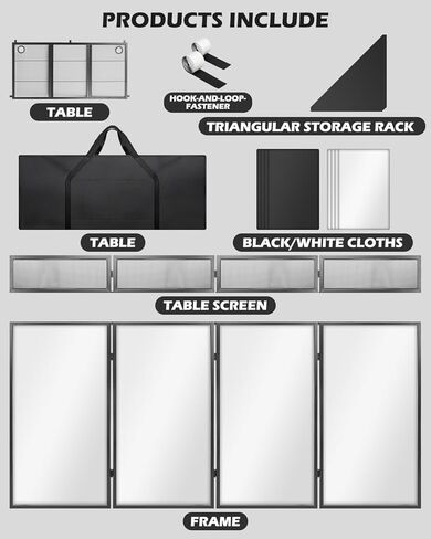 محطة طاولة واجهة DJ المحمولة STRICH، كشك DJ قابل للطي مع سكريم أبيض وأسود، حامل عرض بإطار معدني مقاس 44 بوصة × 20 بوصة مع رف مثلث قابل للإزالة، وفتحة كابل وحقيبة حمل للعرض، والحفلات، والاستوديو in Kuwait