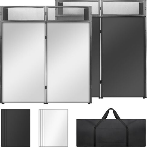 محطة طاولة واجهة DJ المحمولة STRICH، كشك DJ قابل للطي مع سكريم أبيض وأسود، حامل عرض بإطار معدني مقاس 44 بوصة × 20 بوصة مع رف مثلث قابل للإزالة، وفتحة كابل وحقيبة حمل للعرض، والحفلات، والاستوديو in Kuwait