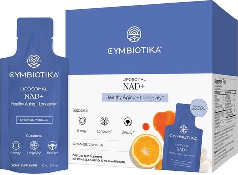 مكمل CYMBIOTIKA Liposomal NAD+، الطاقة الخلوية، الشيخوخة الصحية، صحة الجلد، Lutemax، امتصاص معزز، خالي من الغلوتين، خالي من الصويا، نباتي، 26 × 10 مل عبوات سائلة in Kuwait