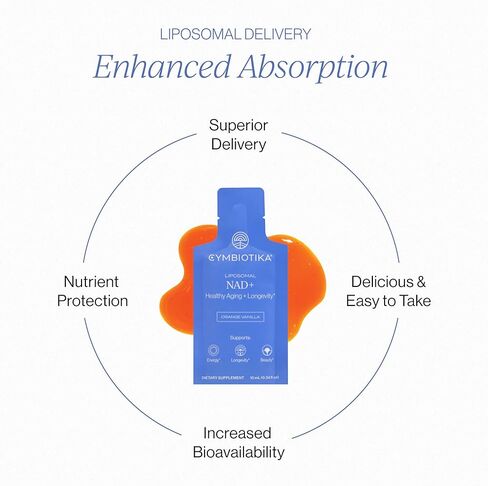 مكمل CYMBIOTIKA Liposomal NAD+، الطاقة الخلوية، الشيخوخة الصحية، صحة الجلد، Lutemax، امتصاص معزز، خالي من الغلوتين، خالي من الصويا، نباتي، 26 × 10 مل عبوات سائلة in Kuwait
