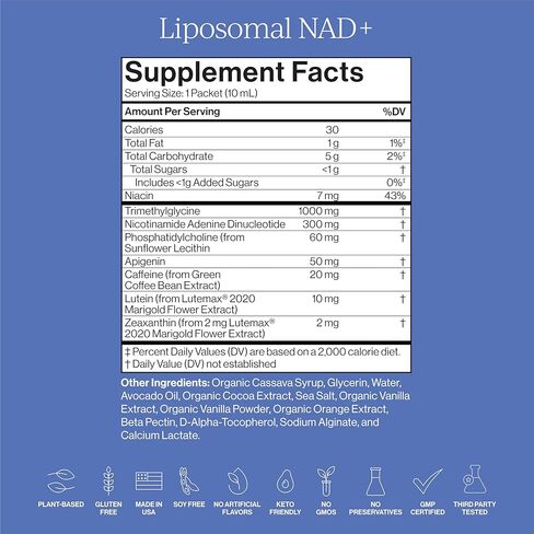 مكمل CYMBIOTIKA Liposomal NAD+، الطاقة الخلوية، الشيخوخة الصحية، صحة الجلد، Lutemax، امتصاص معزز، خالي من الغلوتين، خالي من الصويا، نباتي، 26 × 10 مل عبوات سائلة in Kuwait