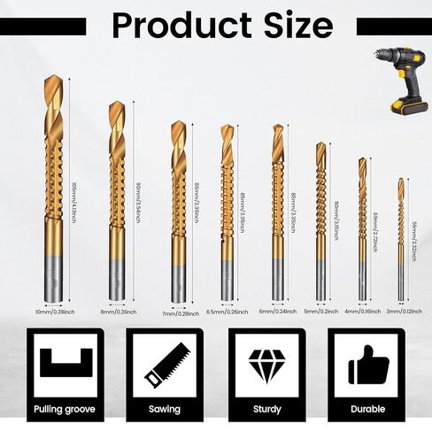 8 Pack Titanium Drill Bit Set, 3-10mm Serrated Side Cutting Drill Bit, Titanium Serrated Cutting Bits, Woodworking Tools, Hole Holesaw Tool for Plastic Metal Wood Hole in Saudi Arabia