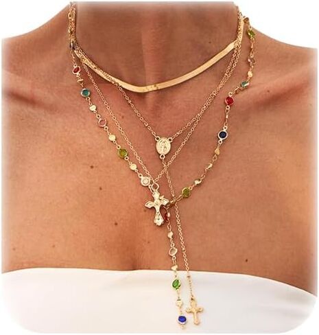4Pcs/set Rhinestone Crystal Bead Necklace for Women Metal Cross Pendant Clavicle Necklace Summer Beach Layered Long Tassel Body Chain Jewelry in Saudi Arabia