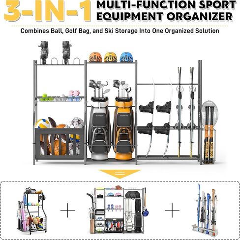 Ultrawall Sports Equipment Organizer, Heavy Duty Garage Golf Bag Stand, Ball Storage Rack with Basket, Garage Organization for Sports Gear and Toy Storage, Indoor/Outdoor Use in Saudi Arabia