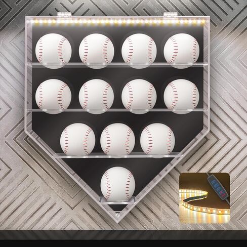 Baseball Display Case, Acrylic Baseball Holder Display Case for Balls, Lighted Wall Mount Baseball Shadow Box, UV Protected Memorabilia Autograph Display Box for 12 Balls, Black in Saudi Arabia
