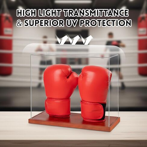 علبة عرض قفازات الملاكمة 2 قفاز - عرض أكريليك شفاف بدون تجميع مع قاعدة خشبية - 2 حامل قفازات - صندوق هدايا تذكارية ومقتنيات للحماية من الأشعة فوق البنفسجية in Kuwait