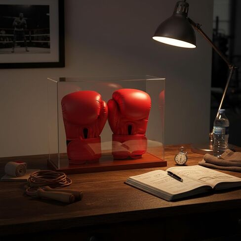 علبة عرض قفازات الملاكمة 2 قفاز - عرض أكريليك شفاف بدون تجميع مع قاعدة خشبية - 2 حامل قفازات - صندوق هدايا تذكارية ومقتنيات للحماية من الأشعة فوق البنفسجية in Kuwait