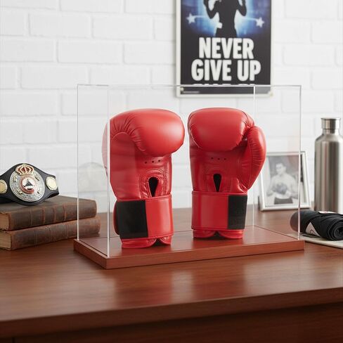 علبة عرض قفازات الملاكمة 2 قفاز - عرض أكريليك شفاف بدون تجميع مع قاعدة خشبية - 2 حامل قفازات - صندوق هدايا تذكارية ومقتنيات للحماية من الأشعة فوق البنفسجية in Kuwait