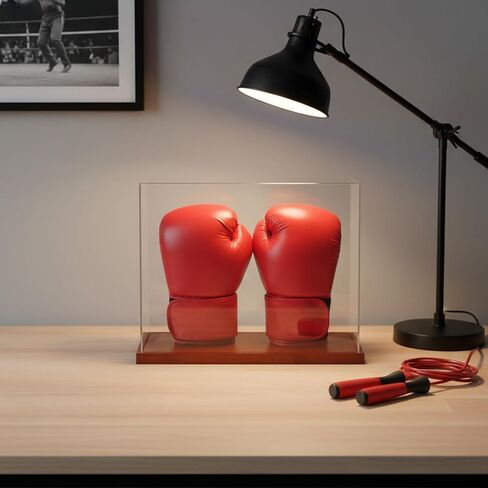 علبة عرض قفازات الملاكمة 2 قفاز - عرض أكريليك شفاف بدون تجميع مع قاعدة خشبية - 2 حامل قفازات - صندوق هدايا تذكارية ومقتنيات للحماية من الأشعة فوق البنفسجية in Kuwait