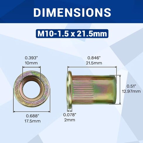 M10-1.5 Flat Head Rivet Nuts, Carbon Steel Yellow Zinc Knurled Threaded Inserts (30 pcs) in Saudi Arabia