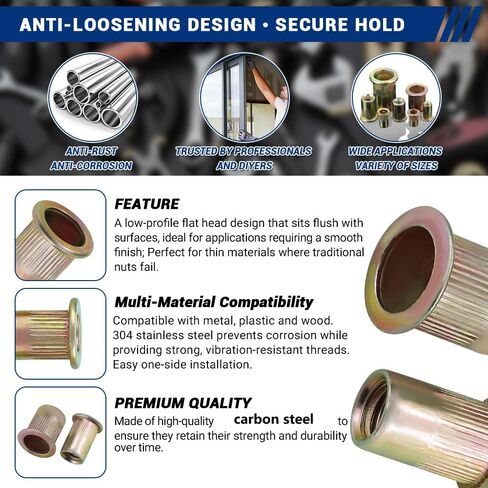 M10-1.5 Flat Head Rivet Nuts, Carbon Steel Yellow Zinc Knurled Threaded Inserts (30 pcs) in Saudi Arabia