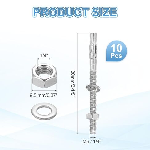 MECCANIXITY 10 Pcs Wedge Anchors, 1/4" x 3-1/8" Stainless Steel Concrete Anchors Bolts, Heavy Duty Standard Fastener for Cement Wall Base Bracket (Include Washers Nuts, Silver Tone) in Saudi Arabia