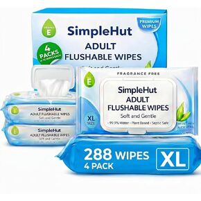 Flushable Butt Wipes for Adults & Kids, 288 Count (4 Pack of 72) — Extra Large, Hypoallergenic, Soft & Thick, Septic & Sewer Safe, Fragrance Free, Daily Bathroom Essential in Kuwait