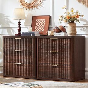 LEYAOYAO Fluted Farmhouse Nightstand Set of 2 with Charging Station, 23" Wide 3 Drawers Night Stand,Walnut Dresser for Bedroom,Bed Side Table Chest of Drawers,Wood End Table for Living Room in Kuwait