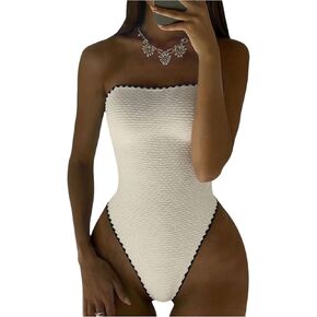 SweatyRocks Women's Contrast Binding Tube One Piece Swimsuit Strapless High Cut Textured Bathing Suit in Saudi Arabia