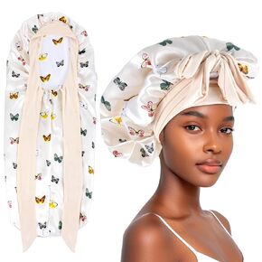 قبعة أبيلو الطويلة من الساتان للنساء أثناء النوم، قبعة شعر حريرية كبيرة مع شريط ربط لضفائر الشعر المجعد (أسود) in Kuwait