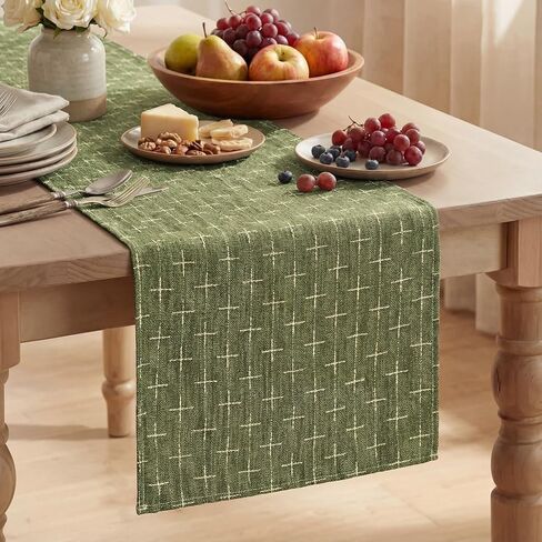 Artoid Mode Olive Green Cross-Star Textured Table Runner, Seasonal Waterproof Rustic Kitchen Dining Table Decoration for Home Party Decor 13x72 Inch in Kuwait